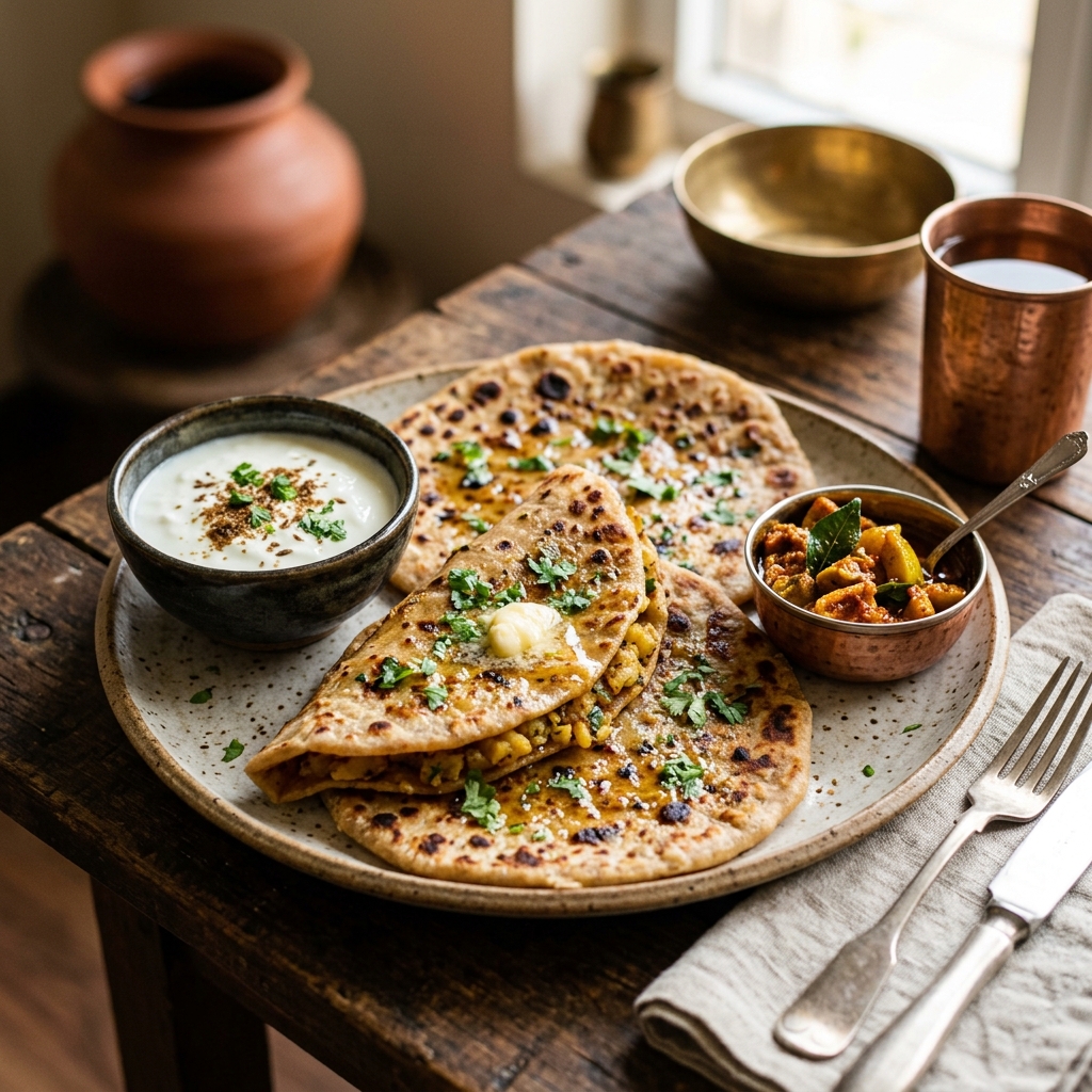 Aloo Paratha with Curd & Pickle