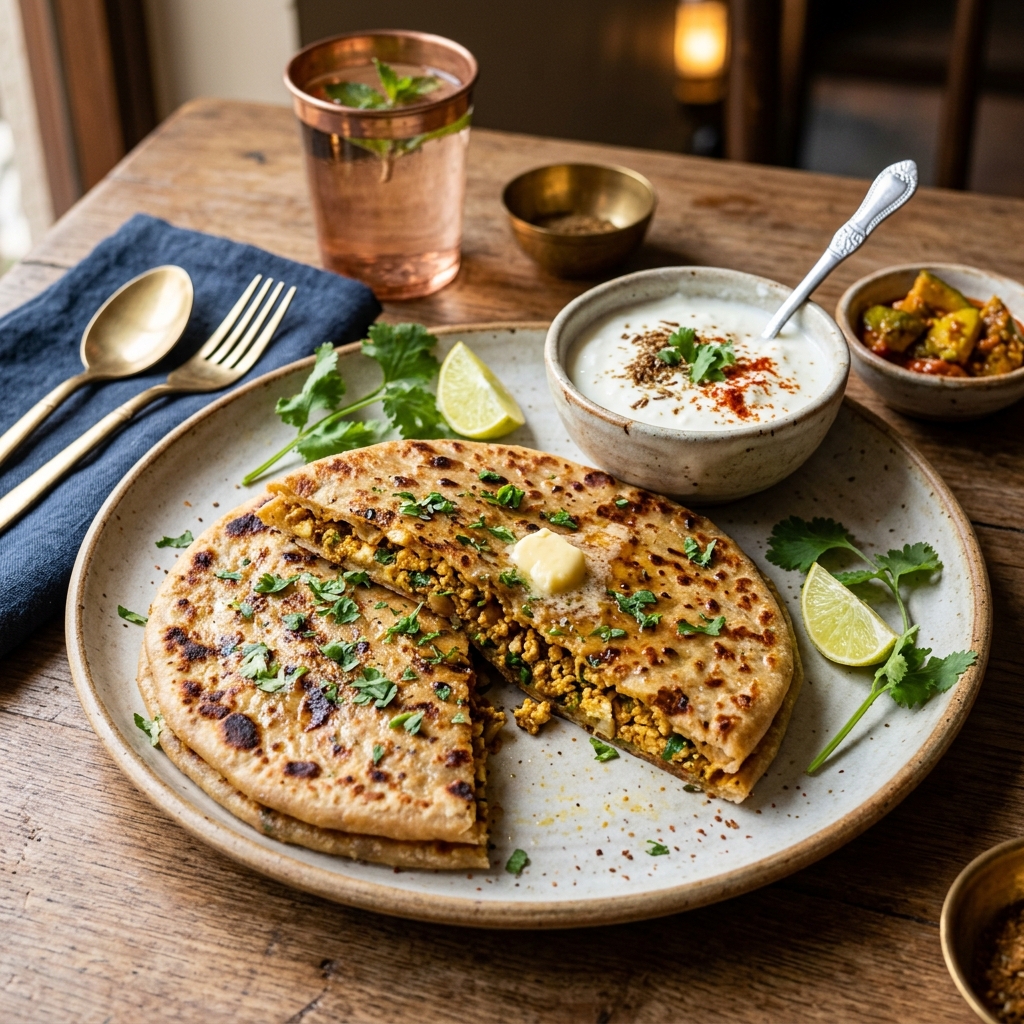 Paneer Paratha with Curd & Pickle